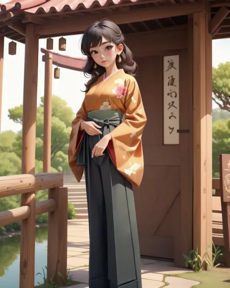 perfect portrait, Wenge Velvet "Hakama" womens attire Japan (Traditional pleated trousers.), perfect face, with an intricate park background<lora:wowifierV3:0.78>