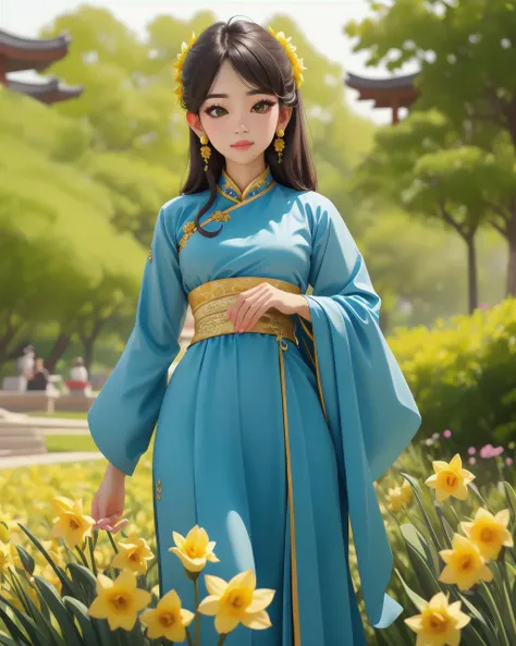 perfect portrait, Daffodil Yellow "Hanbok" womens attire South Korea (Elegant Korean traditional dress for women.), perfect face, with an intricate park background<lora:chun liV1:0.78>