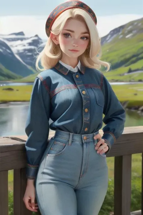 perfect portrait, Denim Cotton "Bunad" womens attire Norway (Traditional Norwegian costume.), perfect face, with an intricate park background