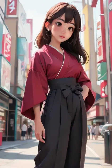 perfect portrait, Burgundy Spandex "Hakama" womens attire Japan (Traditional pleated trousers.), perfect face, with an intricate park background<lora:ppeach-000018:0.78>