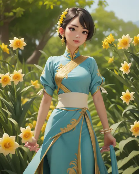 perfect portrait, Daffodil Yellow "Pao" womens attire Thailand (Traditional Thai dress.), perfect face, with an intricate park background<lora:chun liV1:0.78>