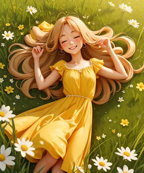 flowing dress, yellow dress, grass field, flower pedals flowing in the air,Close eyes , smile