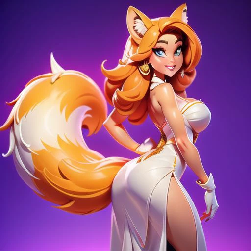 Full body shot, from behind, stunning busty slender queen Foxie, Anna, wearing white ancient Greece dress, waiving her large hairy tail, voluminous plumed squirrel tail