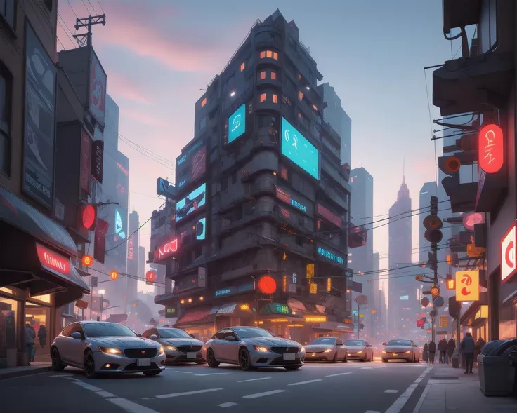more futuristic , masterpiece, intricate, uhd, 8k, unreal engine , a cyberpunk city landscape, in the street, lot of cars and Xanthic neon light, red cloud in the sky<lora:chun liV1:0.78>