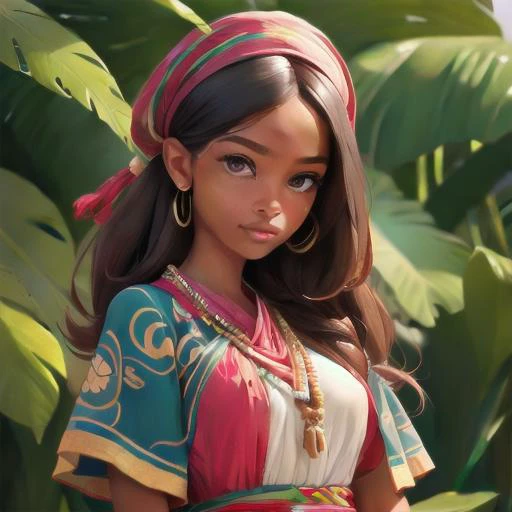 Mauve Leather "Dira" womens attire Tanzania (Traditional cloth wrapped around the body.), perfect face, with an intricate park background