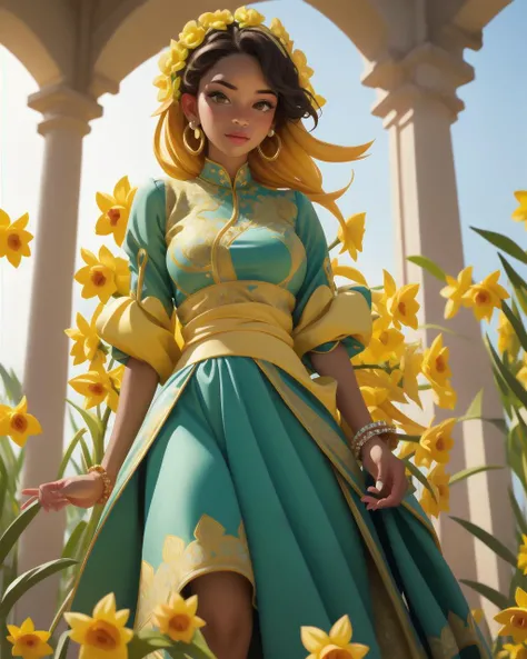 perfect portrait, Daffodil Yellow "Boubou" womens attire West Africa (Colorful and loose-fitting gown.), perfect face, with an intricate park background<lora:chun liV1:0.78>