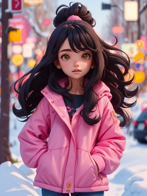 pink jacket, long hair, wild hair, black hair, snow, bokeh