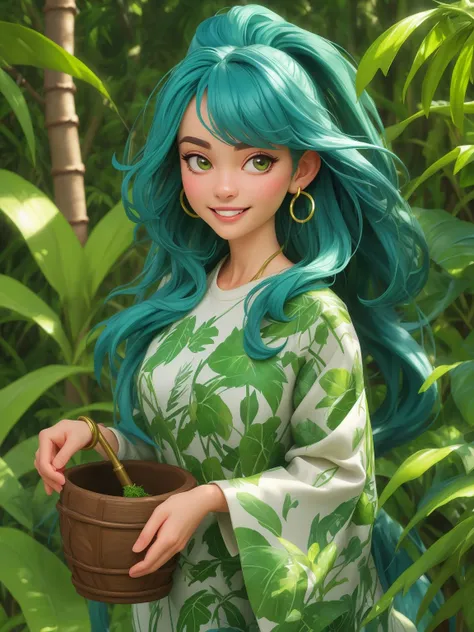 bamboo, bamboo forest, blurry, blurry foreground, coconut, depth of field, earrings, grass, jungle, leaf, palm leaf, palm tree, plant, potted plant, tanabata, tanzaku, tree, jewelry, 1girl, branch, hoop earrings, blurry background, ivy, blinds, vines, flower pot, solo, watering can, cactus, overgrown, foliage, nature, aqua hair, smile, garden, outdoors, dappled sunlight, leaf background, long hair, seaweed, pine tree, shirt, tree shade, looking at viewer, (masterpiece), best quality, professional, studio quality