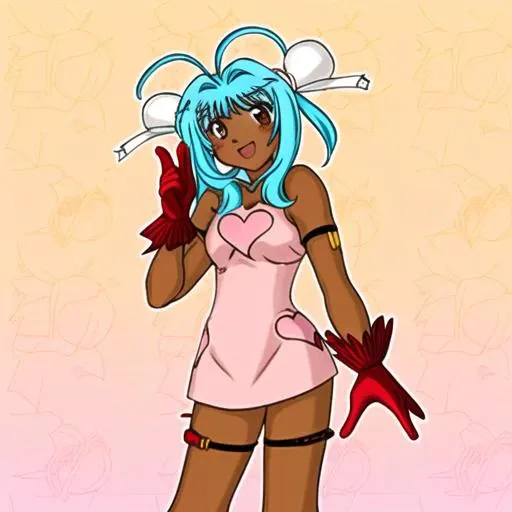 dress, heart print, brown eyes, hair bun, dark skin, double bun, gloves, 1girl, red gloves, solo