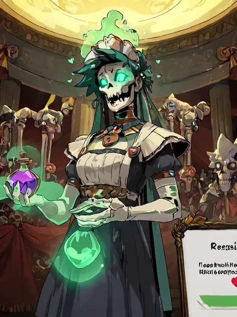 score_9, score_8_up, score_8, score_7_up,
(skeleton:1.1),sexy dress maid,glowing eyes,green magic effects,skull,hearts,holding magic potion,
<lora:hades_pony_v1-2:0.8>