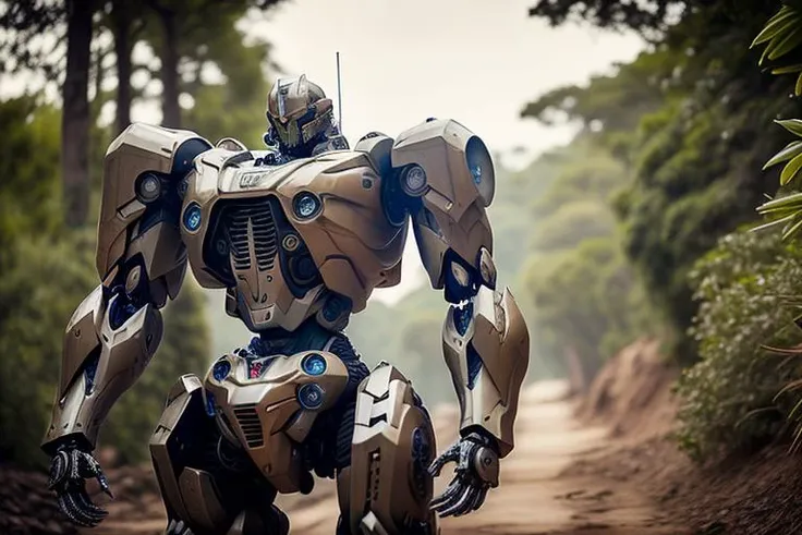 +dvMech style, sleek body armor, mecha soldier, portrait, 85mm, f1.8, close up, photo realistic, jungle background, dramatic sunset lighting, shadows, subtle details, diffusion, highlight blooming, low contrast, desaturated