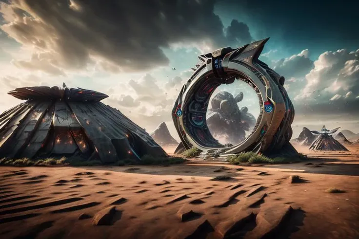 +dvMech style, inter-dimensional rift portal, portal machine, time travel machine, 85mm, f1.8, close up, photo realistic, desert military base background, dramatic sunset lighting, shadows, subtle details, diffusion, highlight blooming, low contrast, desaturated