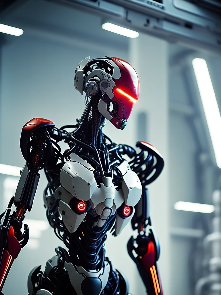 +dvMech, cyborg, part robot part human, science experiment, portrait, 85mm, f1.8, laboratory background