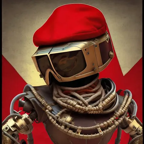 dvMech robot, retro, futurist, photograph, hyperrealistic, russian, ((Ushanka)) hat, WWII, 1943, NKVD uniform, (Kommisars), USSR, hdr, dynamic composition, shadows, 85mm, f1.8, portrait, hammer and sickle, Red and Gold, soviet union background, Russian Soviet Federative Socialist Republic,