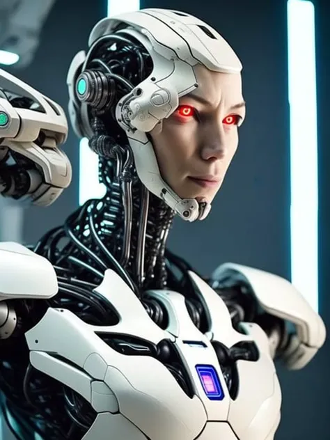 +dvMech, cyborg, part robot part human, science experiment, portrait, 85mm, f1.8, laboratory background