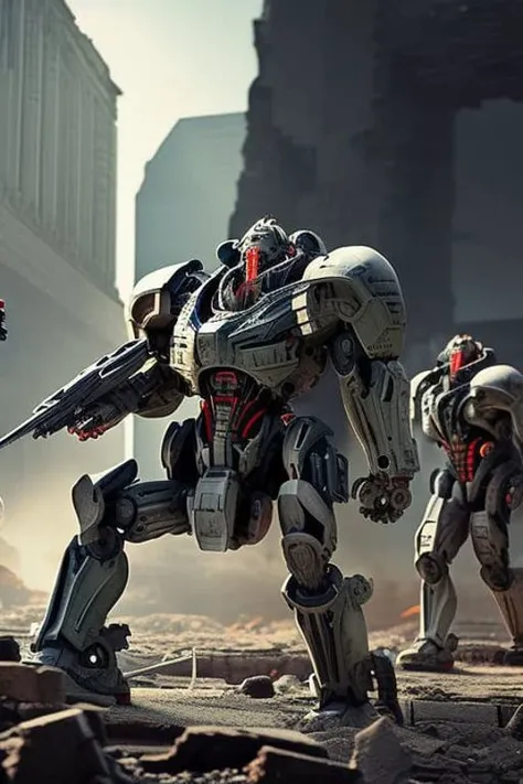 +dvMech, mecha warrior shooting to people, (building on ruins at background:1.4), (people running:1.3), full body, 85mm, f1.8, highly detailed, high quality, masterpiece, 8k resolution