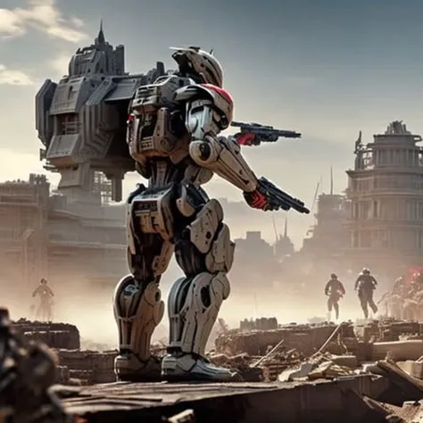 +dvMech, mecha warrior shooting to people, (building on ruins at background:1.4), (people running:1.3), full body, realistic, hyperrelistic, 85mm, f1.8, highly detailed, high quality, masterpiece, 8k resolution