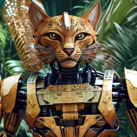 dvMech cat robot standing on a jungle, highly detailed, masterpiece, 8k resolution
