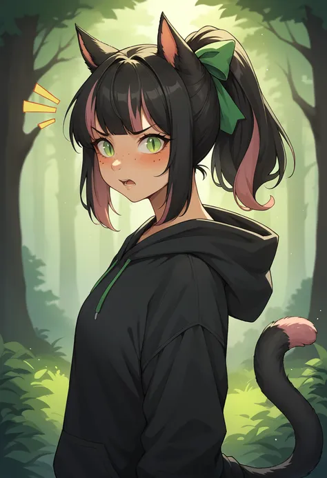 score_9, score_8_up, score_7_up BREAK xivmc, cat girl, animal ears, black hair, two-tone hair, ponytail, green eyes, slit pupils, freckles, tail, <lora:clamXIVMC_locon:0.8> black hoodie, forest, from side, surprised, embarrassed, hair ribbon, looking at viewer, blush, hair tail