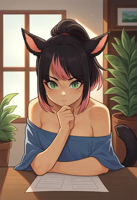 score_9, score_8_up, score_7_up BREAK <lora:clamXIVMC_locon:1> xivmc, cat girl, animal ears, black hair, two-tone hair, ponytail, green eyes, slit pupils, freckles, tail, bare shoulder, desk, potted plants