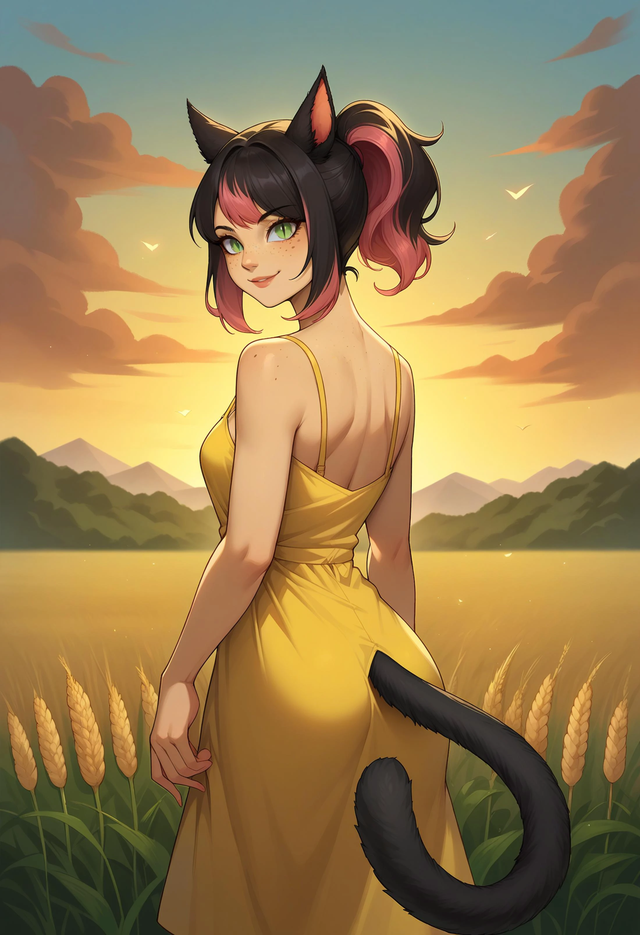 score_9, score_8_up, score_7_up BREAK solo, xivmc, cat girl, animal ears, two-tone hair, green eyes, slit pupils, freckles, tail, <lora:clamXIVMC_locon-000001:1> yellow sundress, looking at viewer, slight smile, looking back, outdoors, wheat field, sunset,