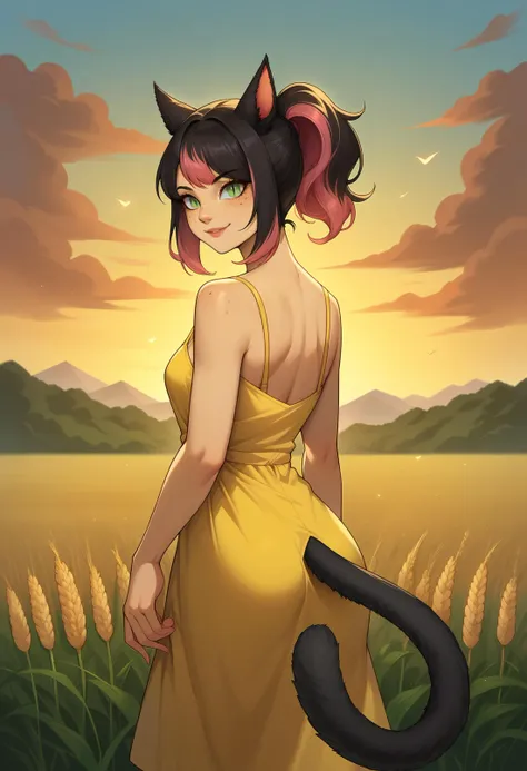 score_9, score_8_up, score_7_up BREAK solo, xivmc, cat girl, animal ears, two-tone hair, green eyes, slit pupils, freckles, tail, <lora:clamXIVMC_locon-000001:1> yellow sundress, looking at viewer, slight smile, looking back, outdoors, wheat field, sunset,