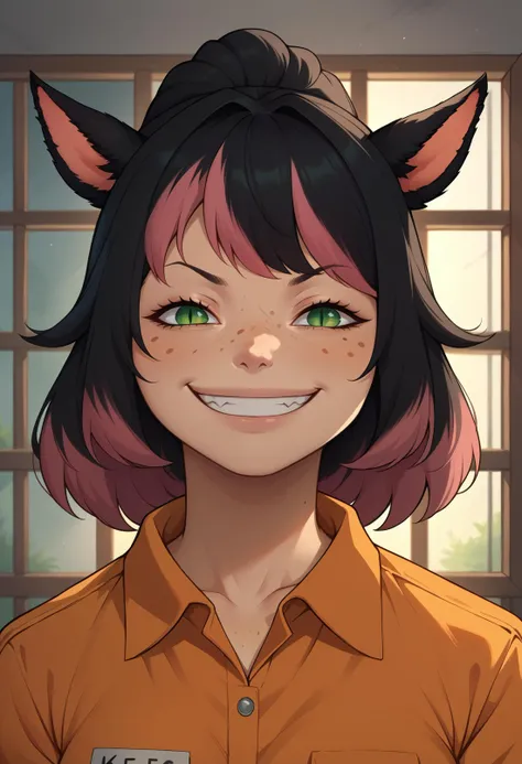 score_9, score_8_up, score_7_up BREAK <lora:clamXIVMC_locon:0.8> xivmc, IncrsAnyasHehFaceMeme, grin, cat girl, animal ears, black hair, two-tone hair, green eyes, slit pupils, freckles, prison jumpsuit <lora:AnyasHehFaceMeme_XLPD:1.1>