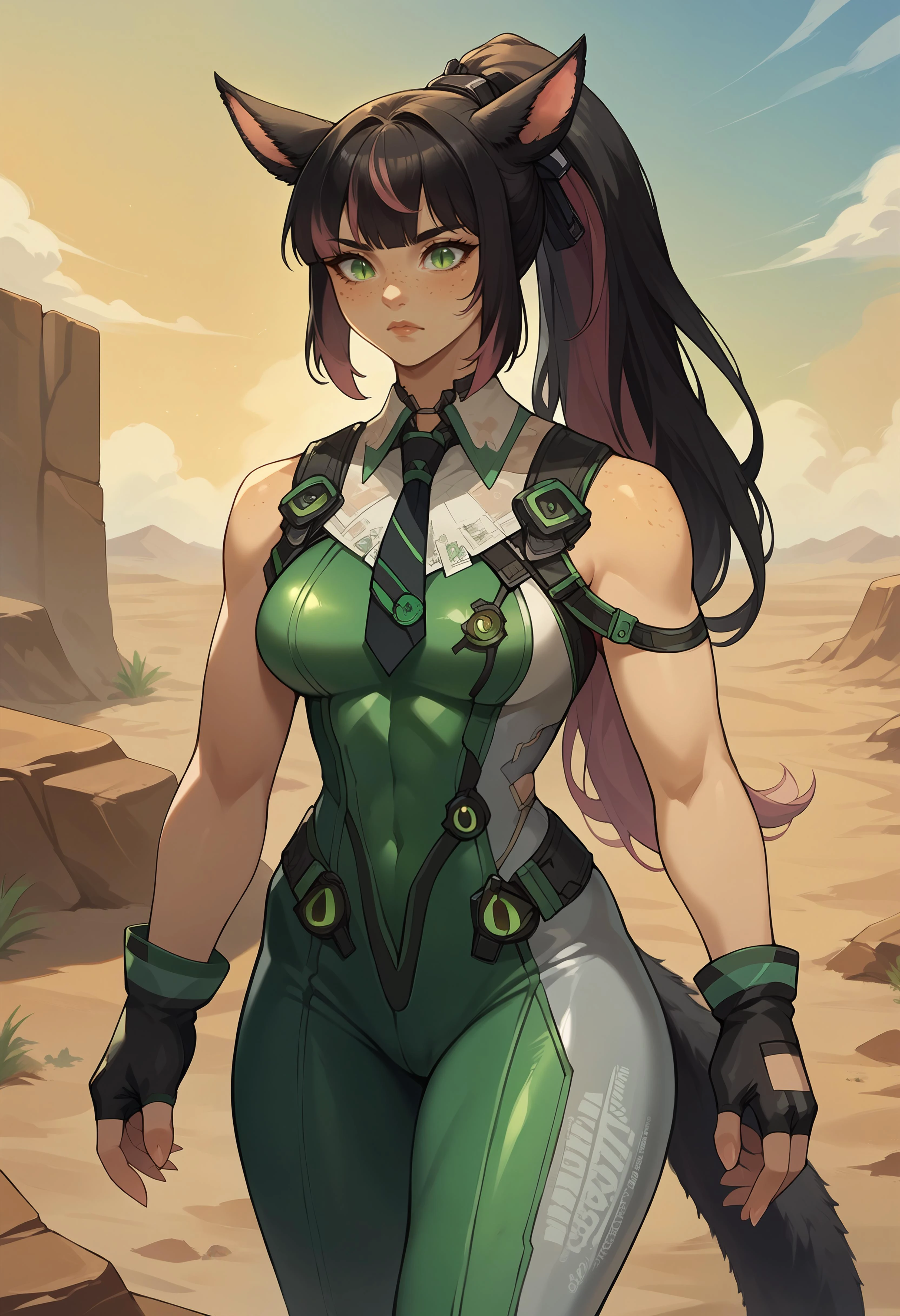 score_9, score_8_up, score_7_up BREAK <lora:clamXIVMC_locon:0.8> xivmc, cat girl, animal ears, black hair, two-tone hair, long ponytail, green eyes, slit pupils, freckles, tail <lora:sbeve-pdxl-nvwls-v1:0.8> necktie, green and white bodysuit, sleeveless, fingerless gloves, grey pants, desert, skyscraper
