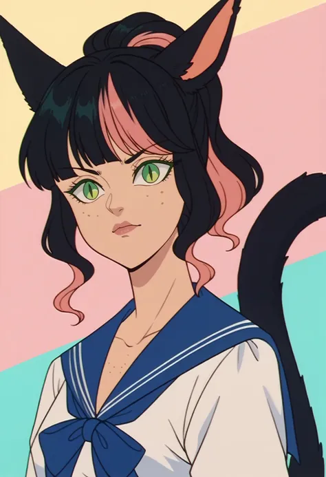 score_9, score_8_up, score_7_up BREAK <lora:clamXIVMC_locon:1> xivmc, cat girl, animal ears, black hair, two-tone hair, green eyes, slit pupils, freckles, tail, sailor outfit, abstract background