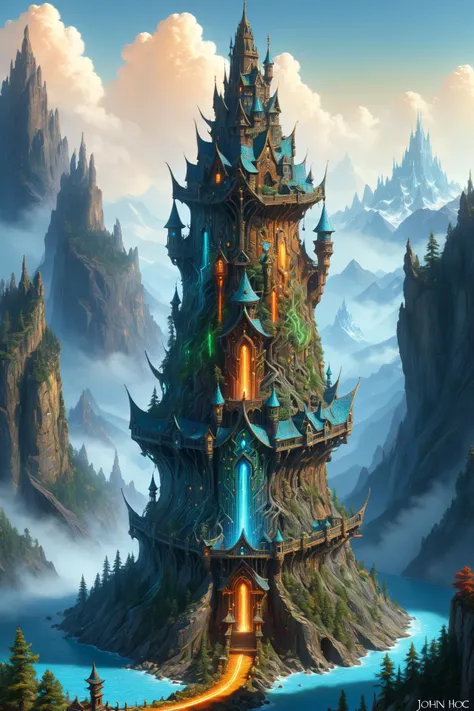 colorful mad-circuit landscape, high_fantasy, mountain, mage_tower, crooked_structure, intricate_design, artist:john_howe, artist:hiro_ichi, color_palette:natural_mattes, tower_colorful, vibrant, magical, architecture_elaborate, enchantments, arcane_symbols, mystical_atmosphere, lighting_dramatic <lora:Colorful_Circuit_SDXL:1.2>, (masterpiece:1.2), best quality, (hyperdetailed, highest detailed:1.2), high resolution textures