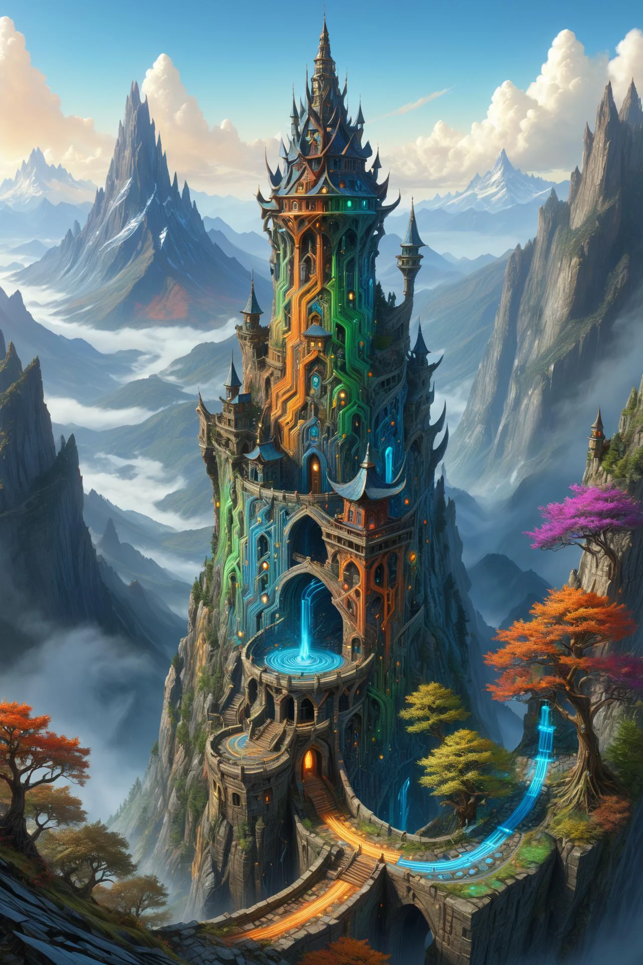 colorful mad-circuit landscape, high_fantasy, mountain, mage_tower, crooked_structure, intricate_design, artist:john_howe, artist:hiro_ichi, color_palette:natural_mattes, tower_colorful, vibrant, magical, architecture_elaborate, enchantments, arcane_symbols, mystical_atmosphere, lighting_dramatic <lora:Colorful_Circuit_SDXL:1.2>, (masterpiece:1.2), best quality, (hyperdetailed, highest detailed:1.2), high resolution textures