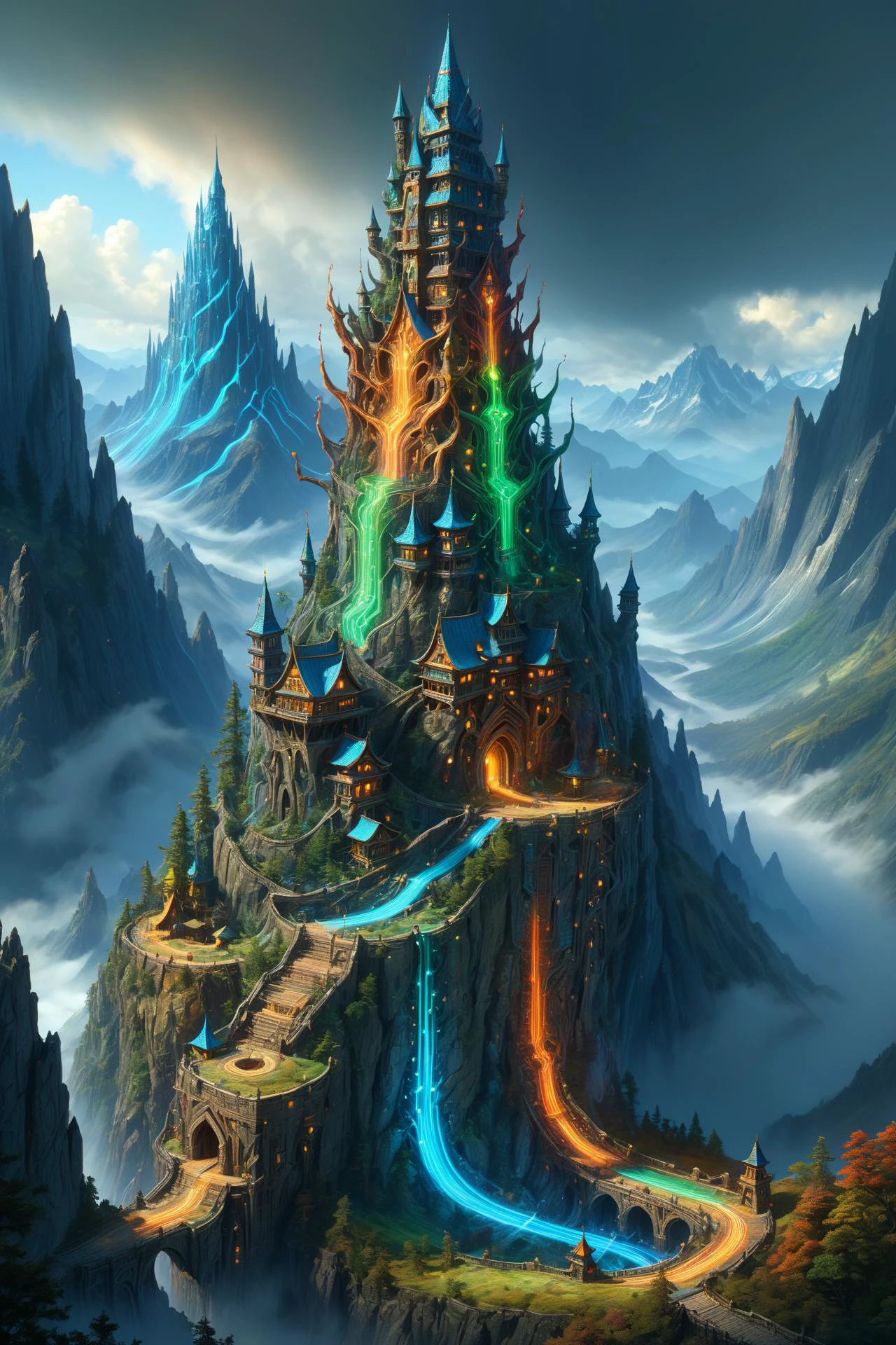 colorful mad-circuit landscape, high_fantasy, mountain, mage_tower, crooked_structure, intricate_design, artist:john_howe, artist:hiro_ichi, color_palette:natural_mattes, tower_colorful, vibrant, magical, architecture_elaborate, enchantments, arcane_symbols, mystical_atmosphere, lighting_dramatic <lora:Colorful_Circuit_SDXL:1.2>, (masterpiece:1.2), best quality, (hyperdetailed, highest detailed:1.2), high resolution textures
