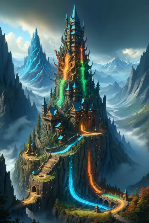 colorful mad-circuit landscape, high_fantasy, mountain, mage_tower, crooked_structure, intricate_design, artist:john_howe, artist:hiro_ichi, color_palette:natural_mattes, tower_colorful, vibrant, magical, architecture_elaborate, enchantments, arcane_symbols, mystical_atmosphere, lighting_dramatic <lora:Colorful_Circuit_SDXL:1.2>, (masterpiece:1.2), best quality, (hyperdetailed, highest detailed:1.2), high resolution textures