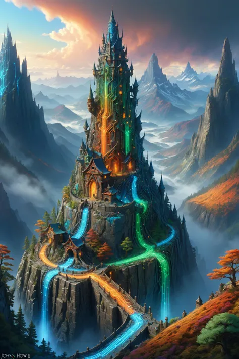 colorful mad-circuit landscape, high_fantasy, mountain, mage_tower, crooked_structure, intricate_design, artist:john_howe, artist:hiro_ichi, color_palette:natural_mattes, tower_colorful, vibrant, magical, architecture_elaborate, enchantments, arcane_symbols, mystical_atmosphere, lighting_dramatic <lora:Colorful_Circuit_SDXL:1.2>, (masterpiece:1.2), best quality, (hyperdetailed, highest detailed:1.2), high resolution textures