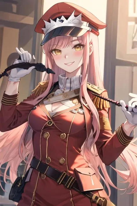 best quality, masterpiece, highres, solo, {queen_medb_fgo:1.15}, pink_hair, long_hair, bangs, yellow_eyes, smile, tiara, breasts, blush, medium_breasts, 1girl, hat, looking_at_viewer, peaked_cap, gloves, uniform, holding_whip, riding_crop, whip, white_gloves, holding, military_uniform, red_headwear, military, military_hat, long_sleeves