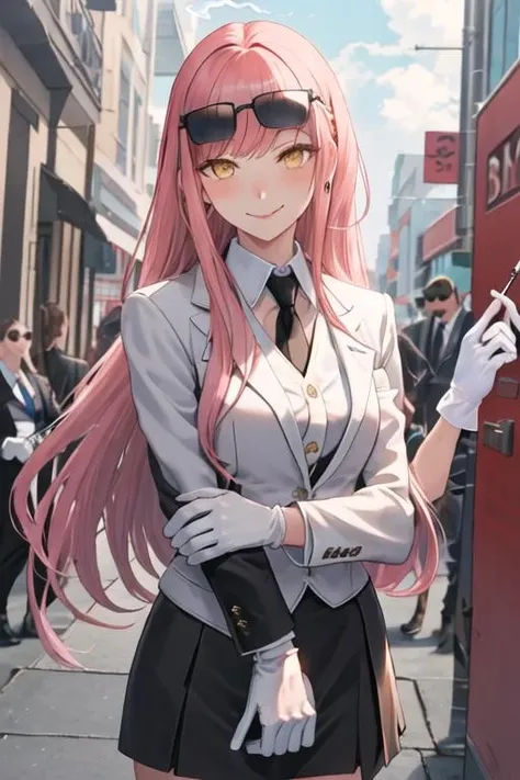 best quality, masterpiece, highres, solo, {black business suit:1.40}, {tie:1.20}, {sunglasses:1.25}, {white gloves:1.15}, {white shirt:1.10}, {black skirt:1.15}, {smoking:1.20}, handsome, {akashi_kantaicollection:1.15}, pink_hair, long_hair, hair_ribbon, ribbon, green_eyes, tress_ribbon, blush, breasts, smile, open_mouth, large_breasts