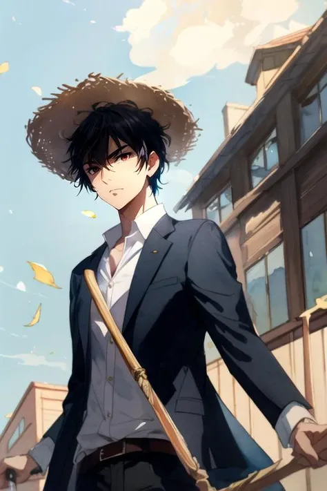 (best quality:1.1), (masterpiece:1.4), sketch, 1boy, solo, male focus, , , , (watercolor illustration, soft pastel colors:1.1), realistic, <lora:adonis_hametsu_no_oukoku:0.96>, adonis_hametsu_no_oukoku, black hair, red eyes, suit jacket, straw hat, The Dragon's Lair: A deadly place where fearsome dragons dwell,
