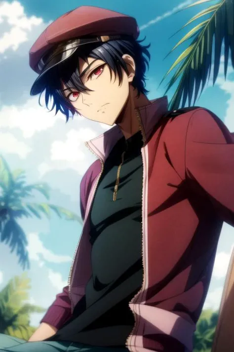 (best quality:1.1), (masterpiece:1.4), movie still, 1boy, solo, male focus, , , depth of field, anime coloring, , <lora:adonis_hametsu_no_oukoku:0.9>, adonis_hametsu_no_oukoku, black hair, red eyes, polo shirt, newsboy cap, A tropical paradise where the sun shines brightly every day,