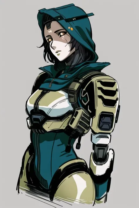 masterpiece, best quality, cowboy shot, 1girl, solo, outdoors, <lora:Ash(TF2):.7>, orange eyes, upper body, lenasy, highres, ash (titanfall 2), looking to the side, cropped torso, apex legends, absurdres, expressionless, simulacrum (titanfall), black sclera, glowing eyes, glowing, android, colored sclera