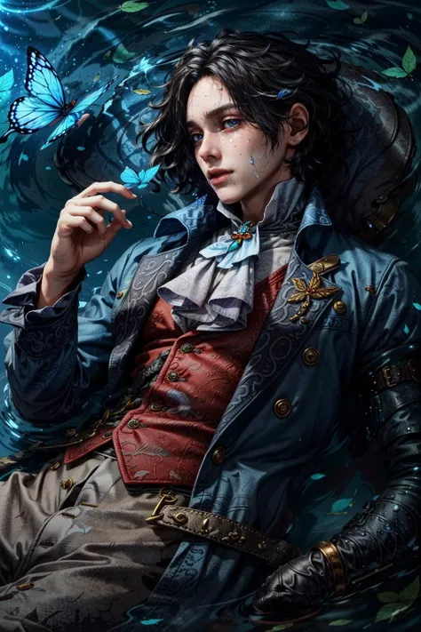 (masterpiece, best quality:1.3)
<lora:epi_noiseoffset2:1> <lora:add_detail:0.7>  <lora:LiesPinoccio:0.8>
LiesPinoccio, solo, short hair, blue eyes, black hair, long sleeves, 1boy, jewelry, upper body, male focus, lying, on back, water, lips, ascot, bug, butterfly, realistic, afloat, butterfly on hand