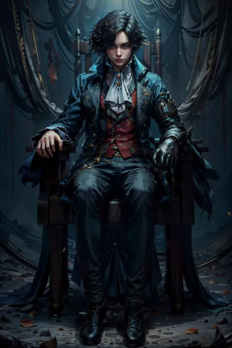 (masterpiece, best quality:1.3)
<lora:epi_noiseoffset2:1> <lora:add_detail:0.7>  <lora:LiesPinoccio:0.8>
LiesPinoccio, solo, short hair, shirt, black hair, gloves, long sleeves, 1boy, holding, jewelry, sitting, jacket, full body, male focus, boots, pants, black footwear, vest, black jacket, ascot, chair, black pants, throne, white ascot