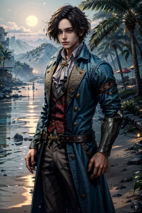 (masterpiece, best quality:1.3)
<lora:epi_noiseoffset2:1> <lora:add_detail:0.7>  <lora:LiesPinoccio:0.8>
LiesPinoccio, 1boy, solo, at the beach, casual clothing, palm trees, sundown highly detailed, artstation, concept art, sharp focus, artgerm, donato giancola