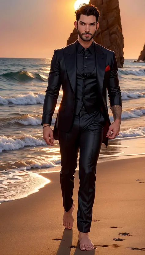 (Tom Ellis+Tom Welling) Lucifer with glowing red eyes, light beard, wearing shiny satin elegant black suit, black silk shirt, intricate ornate. Walking in a beach, sunset. full body, barefoot