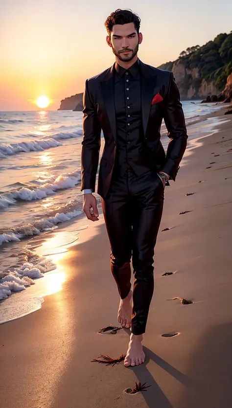 (Tom Ellis+Tom Welling) Lucifer with glowing red eyes, light beard, wearing shiny satin elegant black suit, black silk shirt, intricate ornate. Walking in a beach, sunset. full body, barefoot