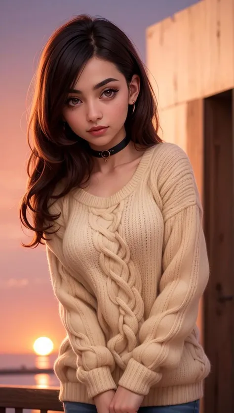 ung cute iranian girl, very slim, skinny, redhead, rouge, red neck lace choker, cateyes makeup, colorful, oversize knit jumper, softcore, warm lighting, cosy atmosphere, Instagram style, red theme, upper body shot,(cinematic, black and red:0.85), (sunset beautiful background:1.3), sharp, dim colors