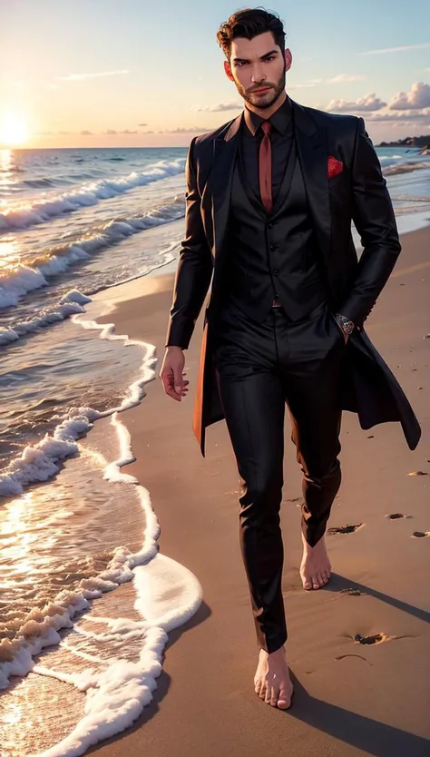 (Tom Ellis+Tom Welling) Lucifer with glowing red eyes, light beard, wearing shiny satin elegant black suit, black silk shirt, intricate ornate. Walking in a beach, sunset. full body, barefoot