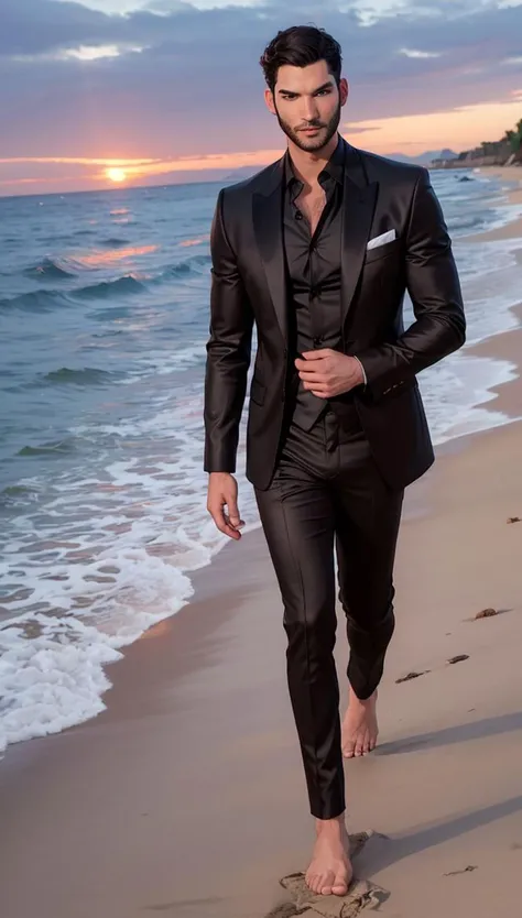 (Tom Ellis+Tom Welling) Lucifer with glowing red eyes, light beard, wearing shiny satin elegant black suit, black silk shirt, intricate ornate. Walking in a beach, sunset. full body, barefoot