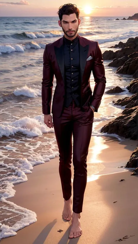 (Tom Ellis+Tom Welling) Lucifer with glowing red eyes, light beard, wearing shiny satin elegant black suit, black silk shirt, intricate ornate. Walking in a beach, sunset. full body, barefoot