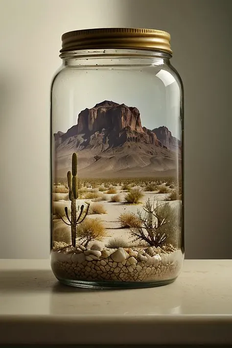 close-up a landscape jar (desert), shelf in the bathroom, <lora:landscape_jar:0.7> landscape, jar