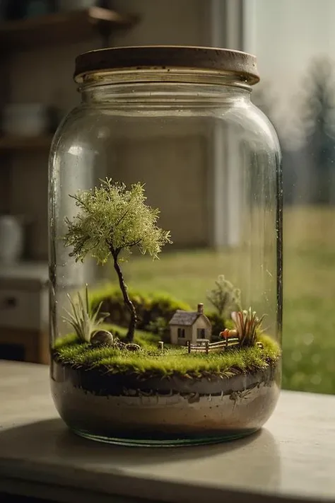 close-up a landscape jar (house, grass, tree), shelf in the kitchen, soft natural lighting, <lora:landscape_jar:0.7> landscape, jar